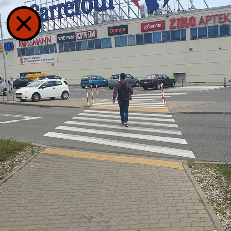 Zdjęcie przejścia dla pieszych z widocznym znakiem poziomym (zebrą) oraz pionowym.